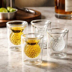 Double Walled Golf Ball Shot Glasses Set of 4 | New in Box | Barware Gift